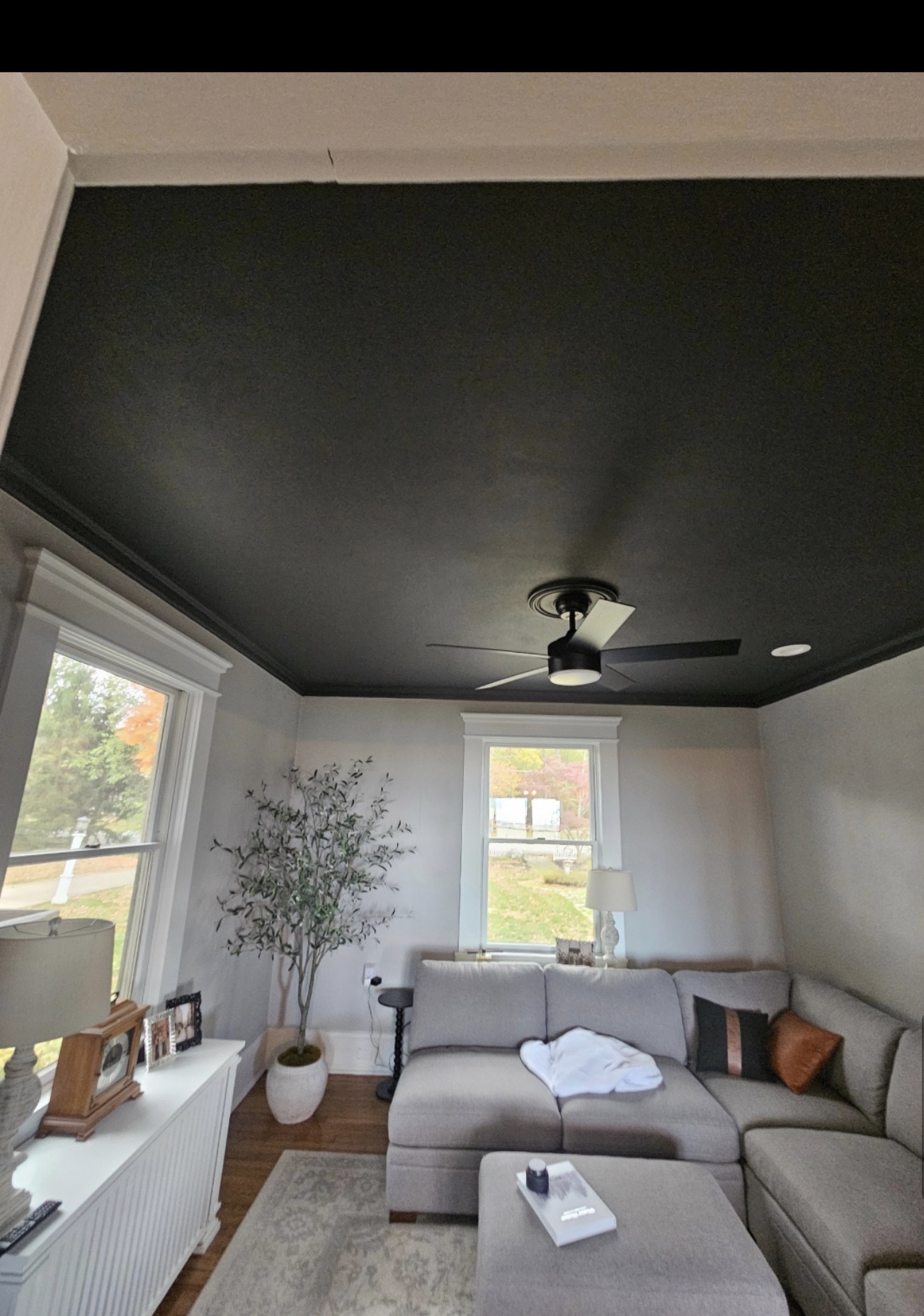 Room after painting with light walls and dark ceiling
